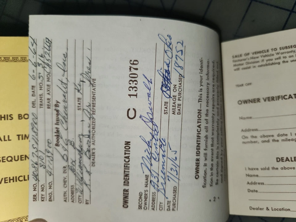 Chevrolet Corvette 1964 manual del propietario garantía plan de protección 40867S118900 Foto 3 de 4