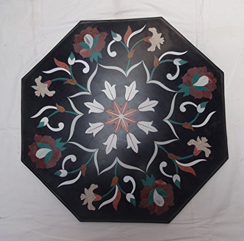 23-Inch Black Marble Table Top with Exquisite Pietra Dura Inlay for Elegant Home Decor  