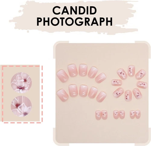 False Nails Short Square French Ombre Flower Design 24pk + nail tabs Full Cover - Picture 3 of 8