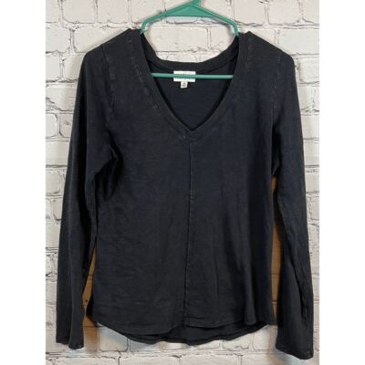 True Craft Black V-Neck Long Sleeve Basic Tee Casual Cotton Top XS