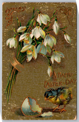 c1910s Happy Easter Snowdrops Chick Embossed Germany Antique Postcard