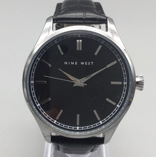 Nine West Watch Men 42mm Black Dial Silver Tone Leather Band New Battery