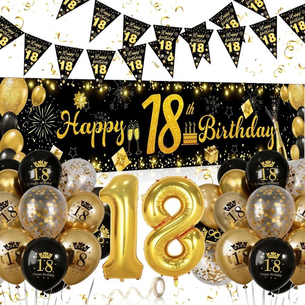 18. Geburtstag Deko Set Schwarz Gold Girlande Banner Folienballon Nummer 18-image