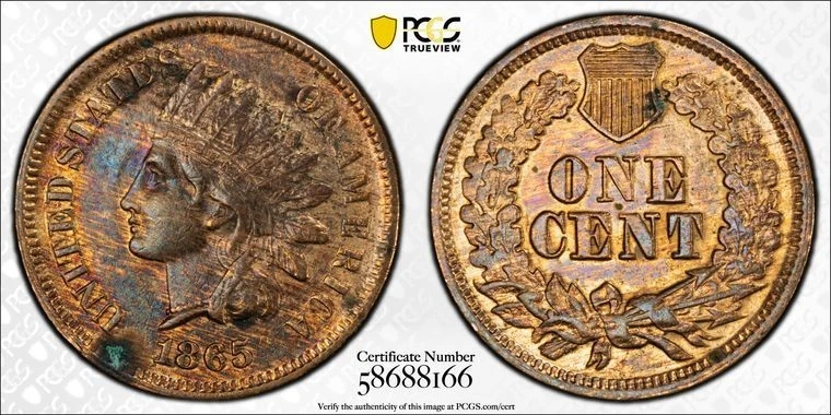 1865 Indian Head Cent - PCGS Genuine Env. Damage AU Detail Rainbow FANCY 5 - Image 2 of 2