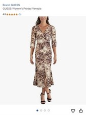 GUESS womens CONTEMPORARY MIDI DRESS PRINTED VENEZIA RUCHED MIDI LG SLEEVE Sz 4