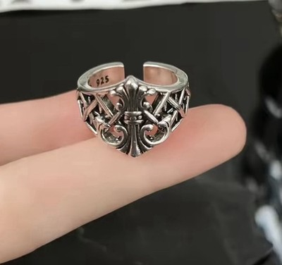 Ring Silber 925 verchromt Felsen verstellbar Fleur de Lis Herzen Goth