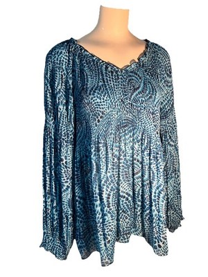 Sharagano Blue Print Top Pleated Body Long Balloon Sleeves Boho Artsy Size XL