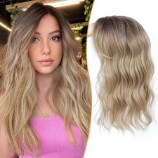 Ombre Blonde with Dark Roots Wavy w/ Bangs 16in Premium Hair Topper