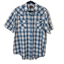 Plains Western Wear Shirt Mens XL Blue Plaid Pearl Snap Short Sleeve Cowboy