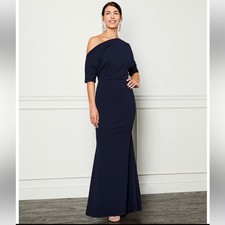 Betsy  Adam Scuba Crepe Asymmetric One Shoulder Short Sleeve Gown, Navy, 4, NWT