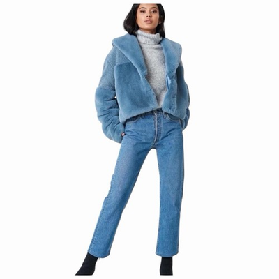 #ad ❄️ Samsøe Samsøe Carla Mixed Faux Fur Jacket in Dusty Blue Size XS $178.00