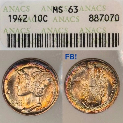 MS63 1942 10C Mercury Silver Dime, ANACS Soapbox- Rainbow Toned **FB!**