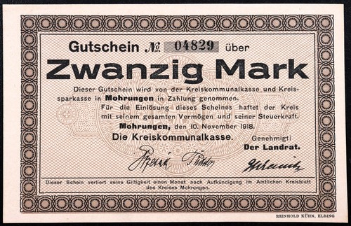MOHRUNGEN / MORAG 1918 20 marchi Grossnotgeld WWI tedesco Notgeld Polonia - Foto 1 di 2