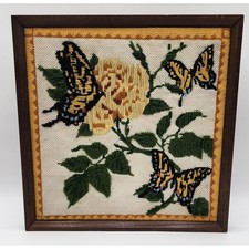 Vintage Framed Crewel Embroidery Butterfly Rose Needlepoint Wall Art 15x15"