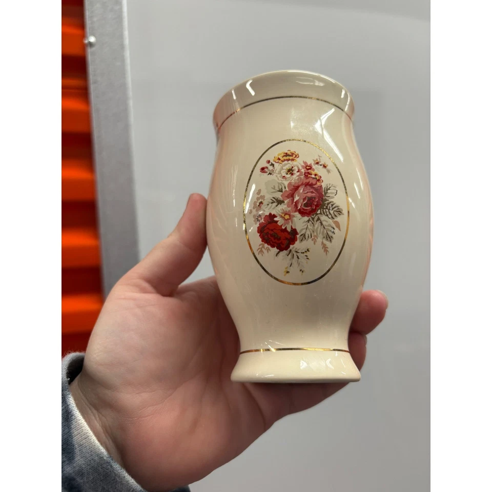 Organizador de tocador vintage de cerámica con borde dorado floral beige Foto 2 de 4