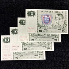4 x Sweden 10 kronor (1981) consecutive serial numbers UNC P-52