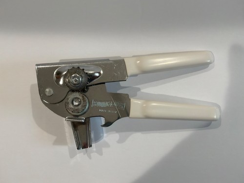Vintage Swing-A-Way Swing Away Manual Hand Held Can Opener White Handles EUC