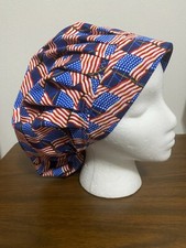 AMERICAN FLAGS ON SURGICAL NURSES SCRUB HAT, BOUFFANT,CHEMO,SURGERY TECH
