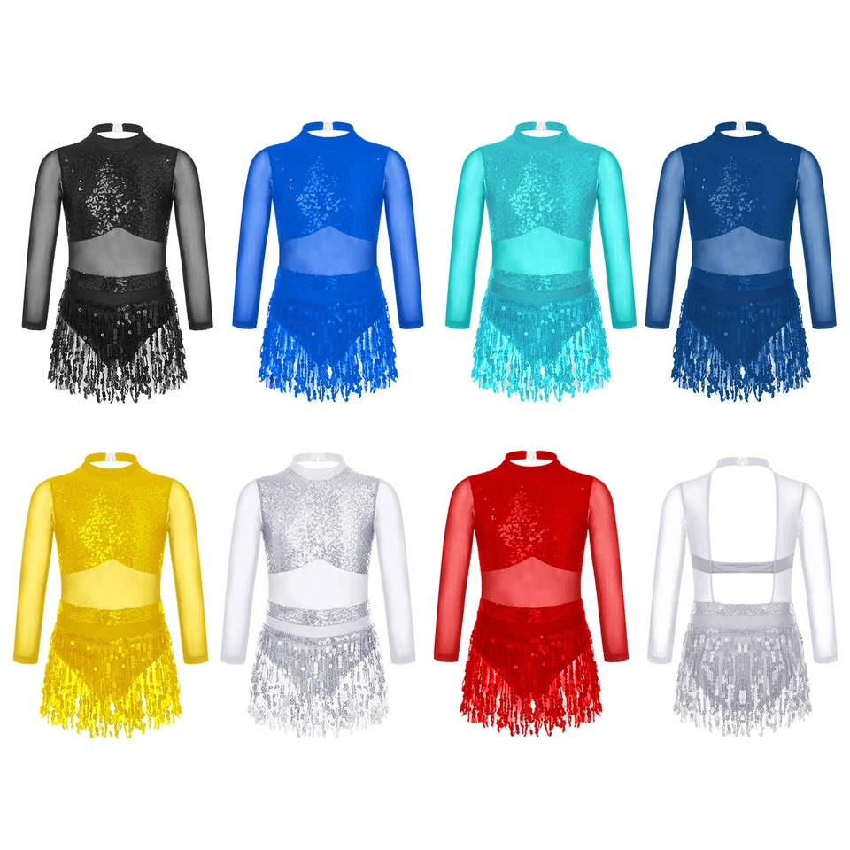 Girls Sparkle Sequin Tassels Leotard Dress Mesh Splice Latin Tango Dance Costume - Image 2 of 3