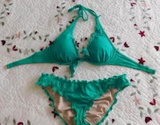 Victoria's Secret Swim Set Halter Top 32C & Small Cheeky Bottoms Ruffle Bikini