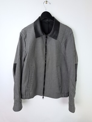 NEIL BARRETT Men's Sz L Grey Black Houndstooth Zip Up Jacket Leather Collar