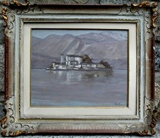 QUADRO DIPINTO OLIO TAVOLA G.Rossi PAESAGGIO LACUSTRE LAGO ORTA ISOLA SAN GIULIO