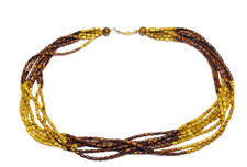 VINTAGE 14K GOLD SIX STRAND DARK & LIGHT BROWN WOODEN BEADED NECKLACE UNIQUE