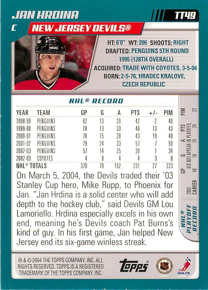 JAN HRDINA 2003-04 Topps BLUE PARALLEL /500 Devils #TT49 - Image 2 of 2