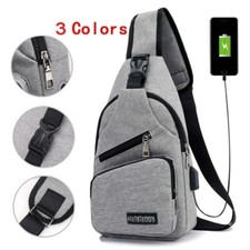 Herren Leinen Tasche Rucksack Brust Pack USB Aufladen Umhängetasche Schulter