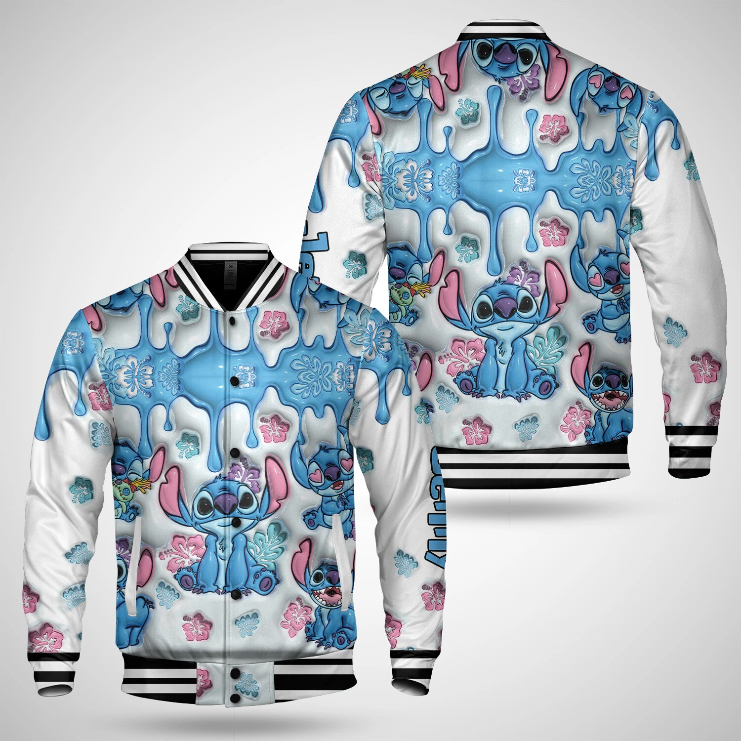 Stitch Ohana Means Family Hibiscus Flower Inflated Effect Jacket