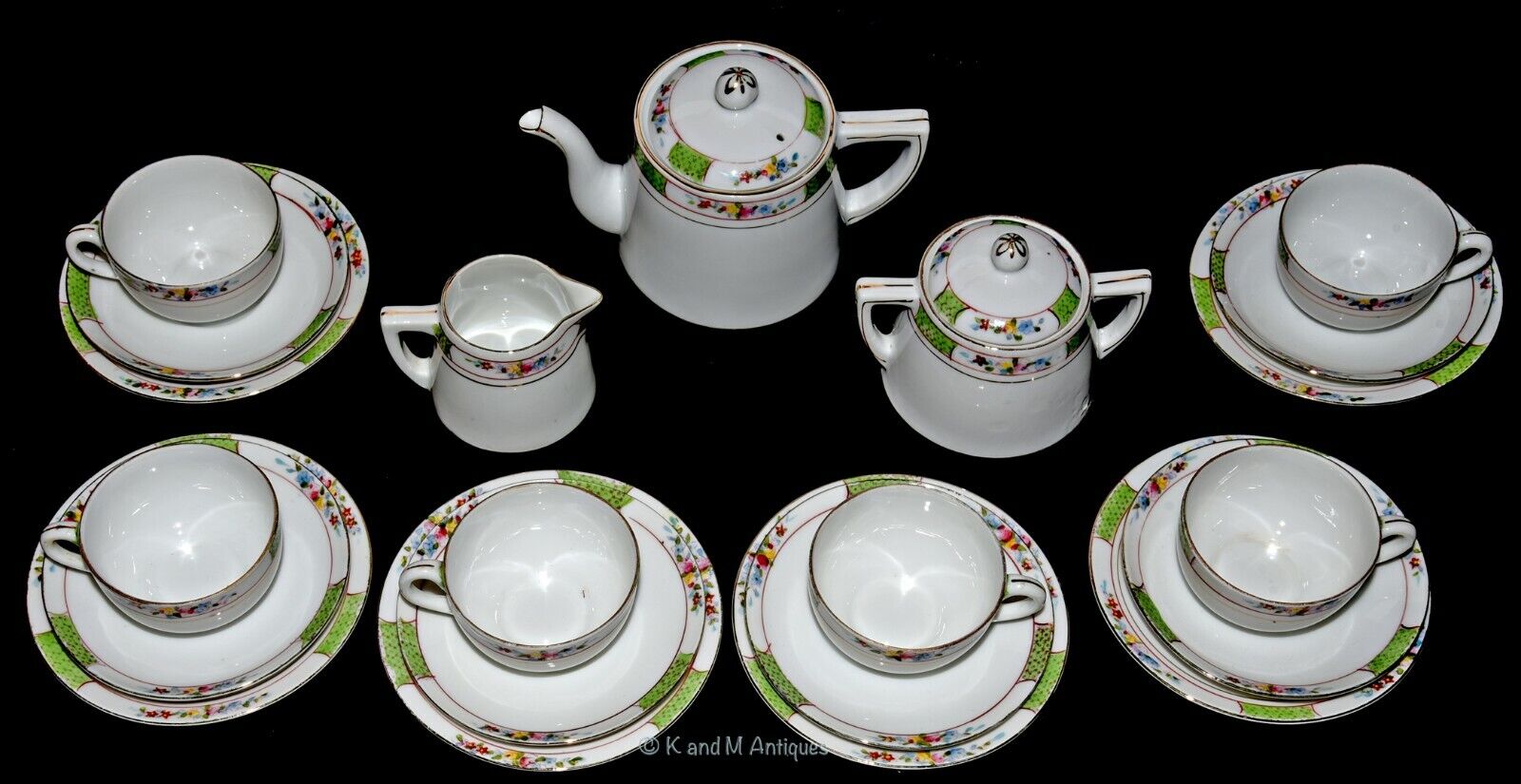 Nippon 6 Place Child's Tea Set Floral Pattern with Green Trim
