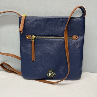 Joy Mangano Navy Blue Leather Crossbody Bag w/Brown Strap & Gold Accents NWOT