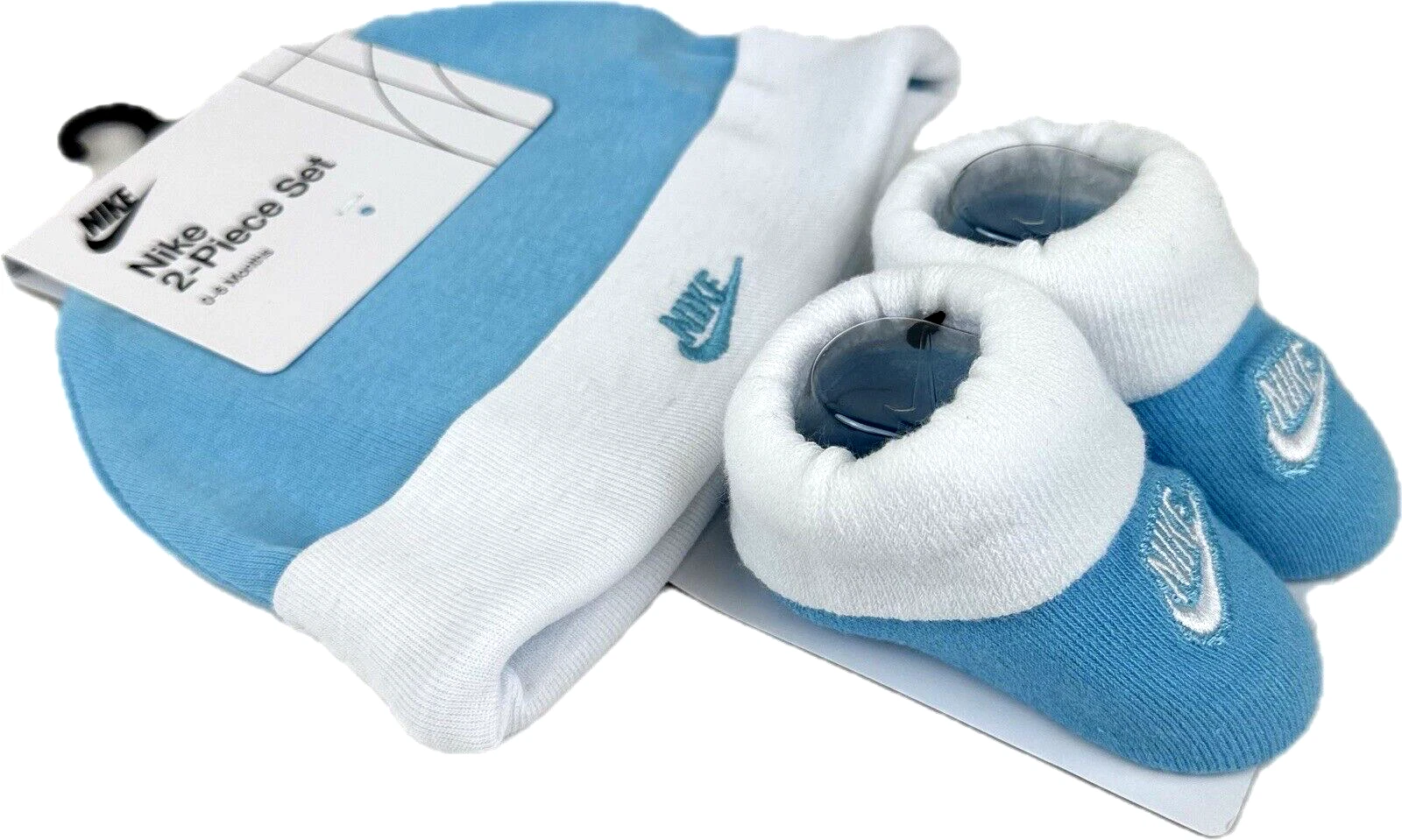 Nike Baby Blue White Ankle Cotton Swoosh Logo Beanie and Booties Set Sz 0-6 MO