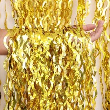 2 Pack 3.2x6.5 Feet Wavy Gold Foil Fringe Backdrop Curtains Tinsel Streamers