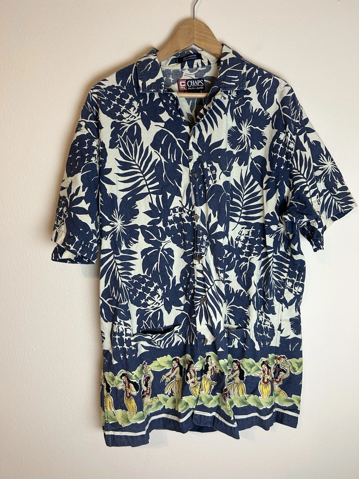 Chaps Ralph Lauren Mens Button Up Shirt L All Over Print Hawaiian Luau Girl
