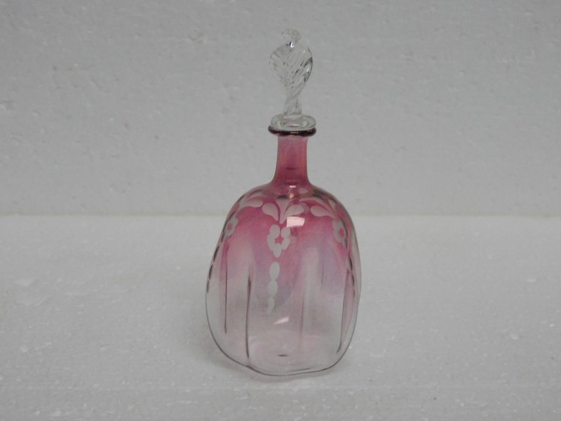 VTG ITALIAN MURANO F.M. BALLARIN ART GLASS RUBINA ETCHED FLOWERS PERFUME BOTTLE