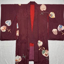 Vintage Japanese Silk Kimono, Deep Burgundy Plum Floral Motif, Traditional Robe