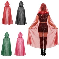 Women Witch Costume Gothic Hooded Cloak Cosplay Tulle Cape Star Mesh Robe Punk