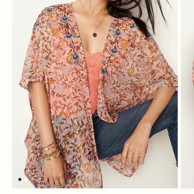 Anthropologie Andersen & Lauth Bella Shimmer Pink Boho Sheer Floral Kimono