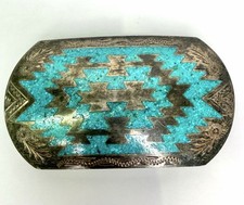 Mexico Plata De Jalisco Sterling Silver Turquoise Chip Inlay Belt Buckle