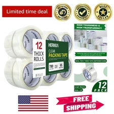 Strong Adhesive Clear Packing Tape - 12 Pack, 65 Yards per Roll for Shipping