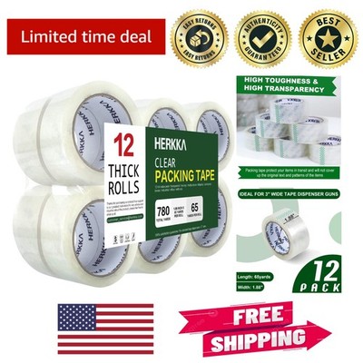 Strong Adhesive Clear Packing Tape - 12 Pack, 65 Yards per Roll for Shipping