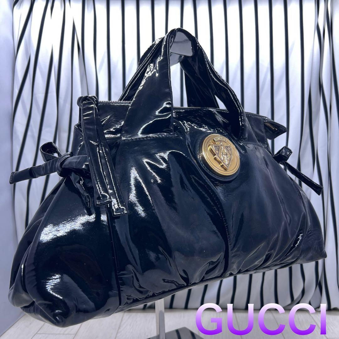 GUCCI Patent Leather Tote Bag Black Gold Hardware Authentic Excellent Condition