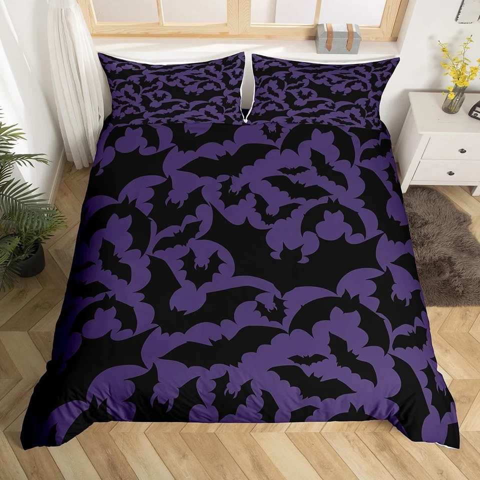 Juego de funda nórdica temática de Halloween tamaño king, edredón estampado animal murciélagos negros... Foto 4 de 4