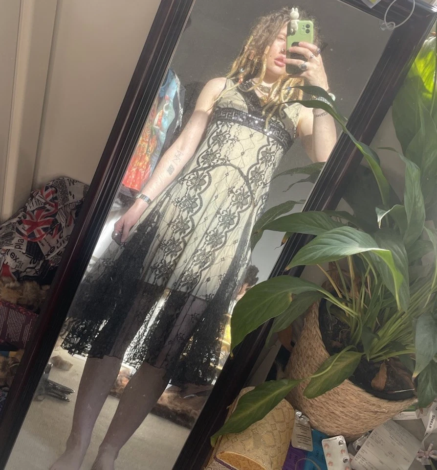 VINTAGE Black Lace Sequin Gothic Formal Dress 60s Flapper Y2K Grunge Fairy 6-8