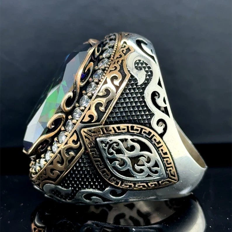 男式银色大号神秘黄玉戒指,彩虹宝石戒指 — 第 4/4 张图片