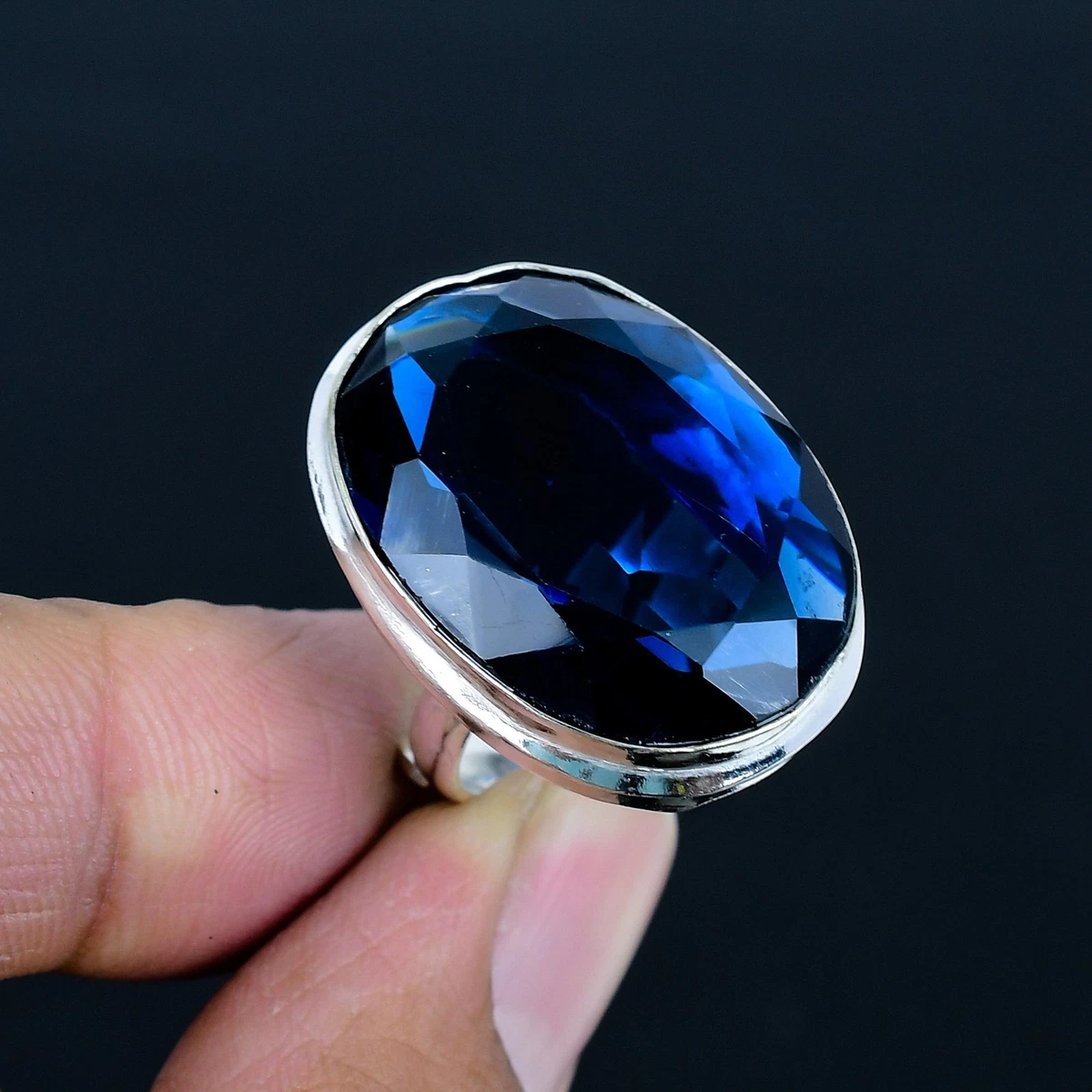 Bague Ethnique Argent 925 Et Pierre Bleue Vintage - Taille 52 - Occasion