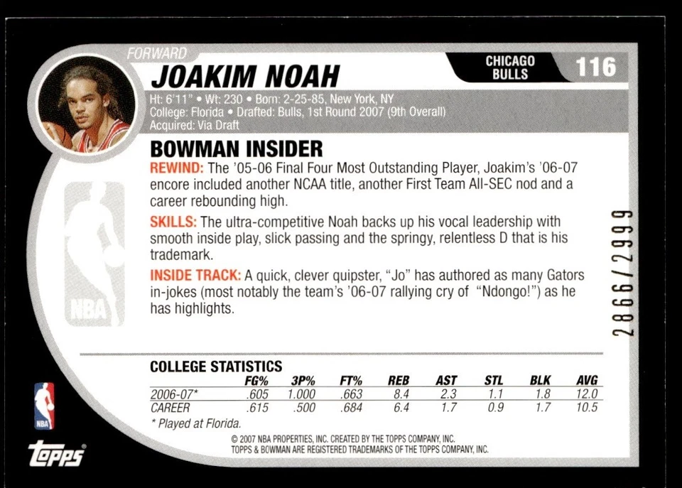 2007-08 Bowman Joakim Noah дебютант 2866/2999 Chicago Bulls #116 - Изображение 2 из 2