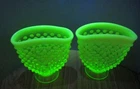 Vintage Pair of Fenton Yellow Uranium Opalescent English Hobnail Fan Vases 3.5"