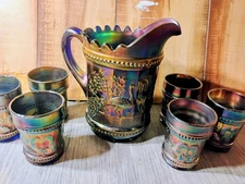 Northwood Peacock At The Fountain Pitcher And 6 Tumblers